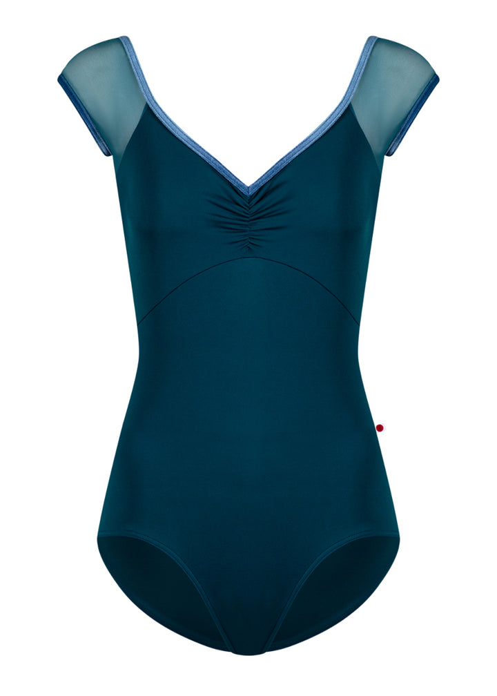 Yumiko dark blue Elli pinch front cap sleeve leotard with teal mesh sleeves and blue velvet trim.