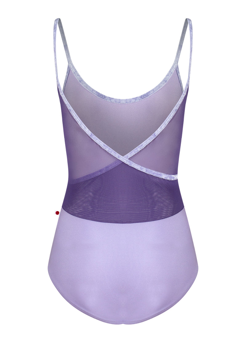 Yumiko light purple Fiona camisole leotard with crushed velvet straps crossing over a purple mesh back.