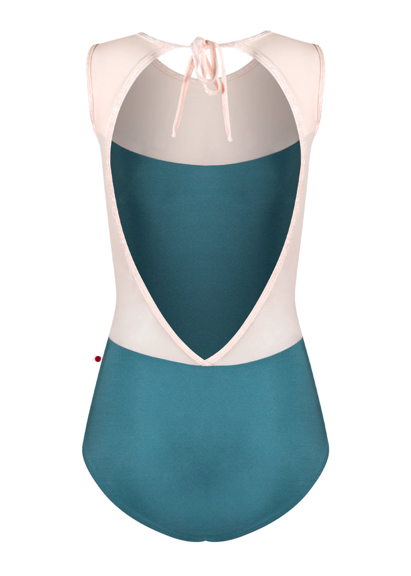 Yumiko dark teal Olivia tank leotard with light pink mesh panels around an open back with tied closure.