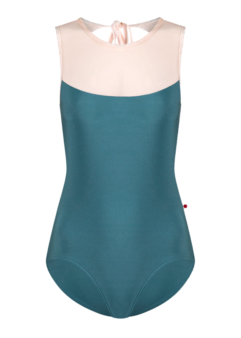 Yumiko dark teal Olivia tank leotard with light pink mesh shoulder straps and neckline.