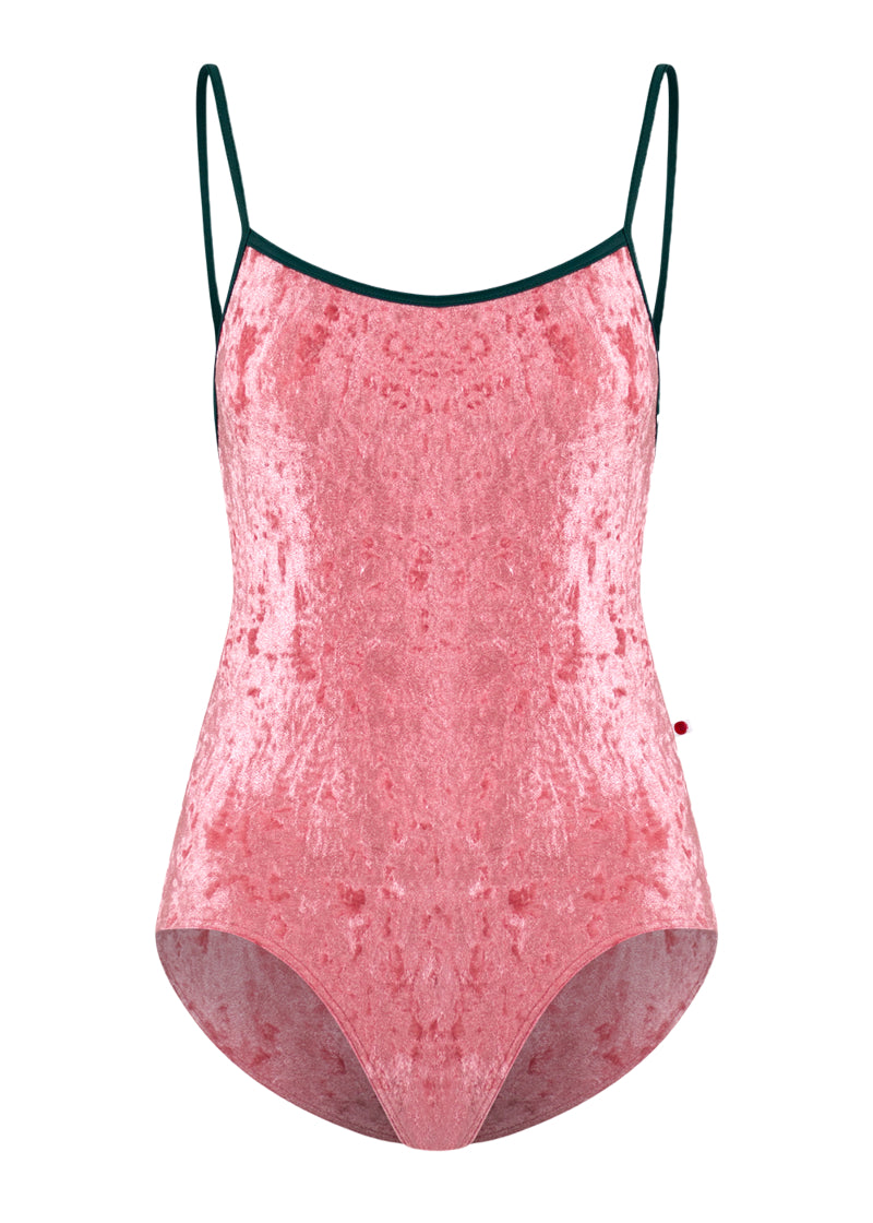 Yumiko pink crushed velvet Tamara camisole leotard with dark green straps.