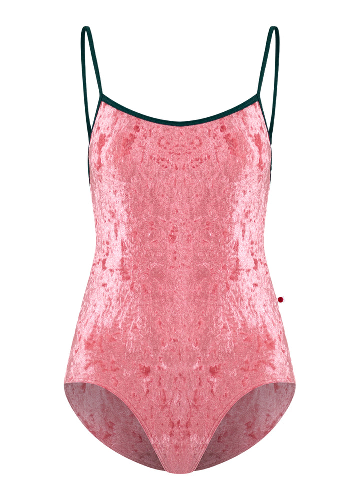 Yumiko pink crushed velvet Tamara camisole leotard with dark green straps.