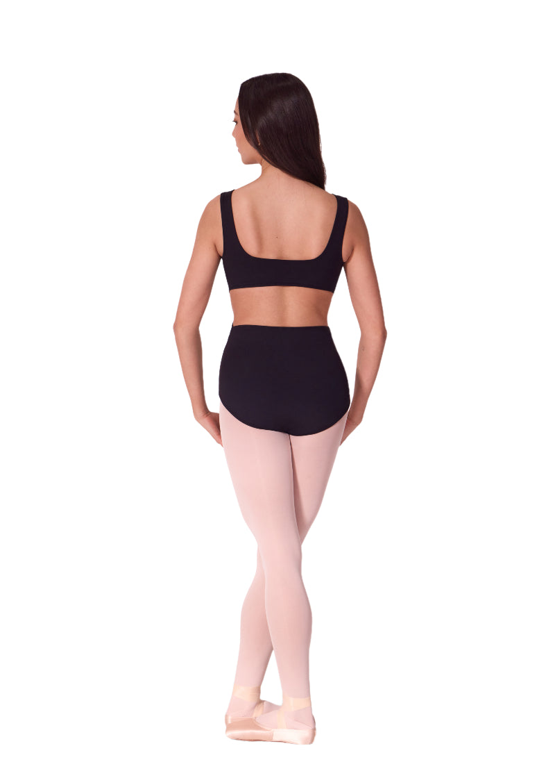Capezio women's tank leotard in black with square cut, open back.