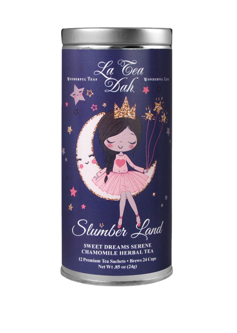 Can of Slumber Land tea with ballerina and moon on the package.