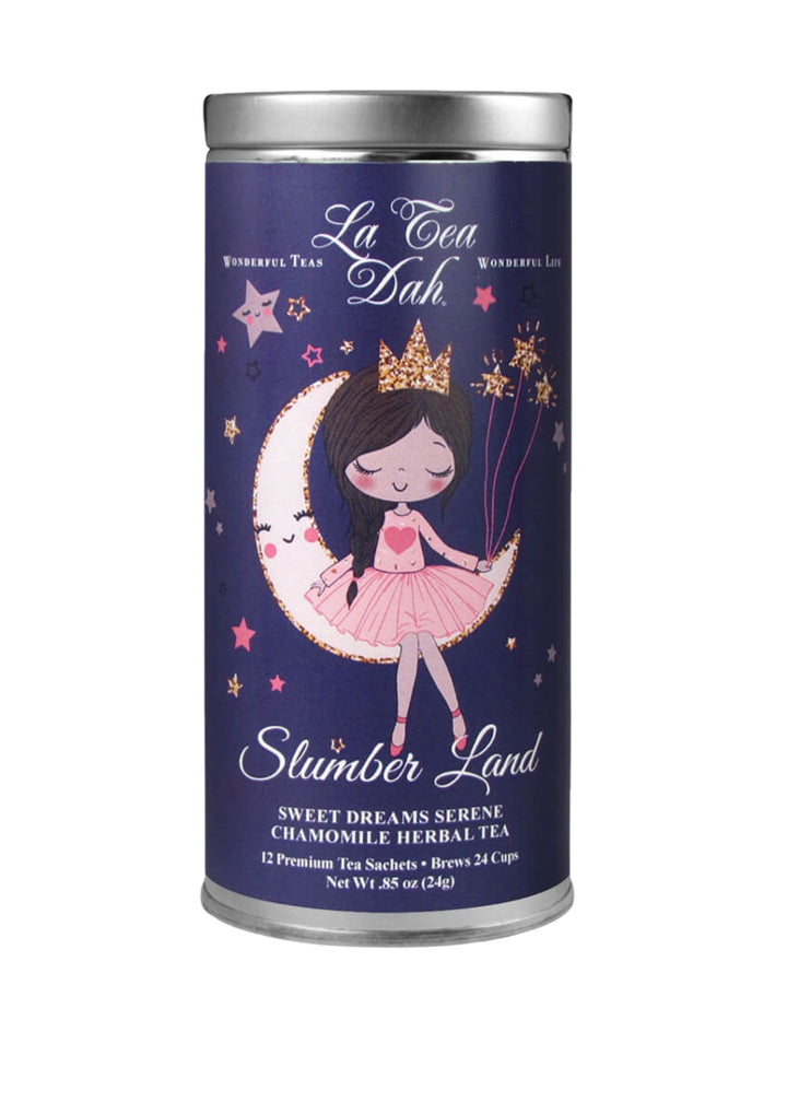 Can of Slumber Land tea with ballerina and moon on the package.