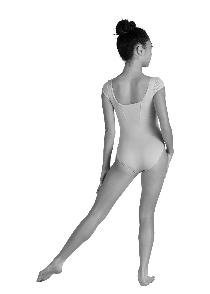 Danznmotion women's Anyah cap sleeve leotard with square neckline and double back seams.