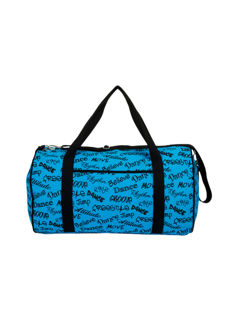 Dasha duffel bag in bright blue with black dance text pattern and black handles, shoulder strap, and side zipper.