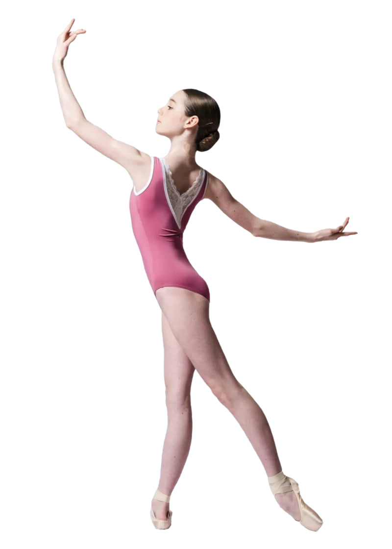 AK Dancewear women's Ava tank leotard in pink with white lace panel on pinched v-back, and white trim.