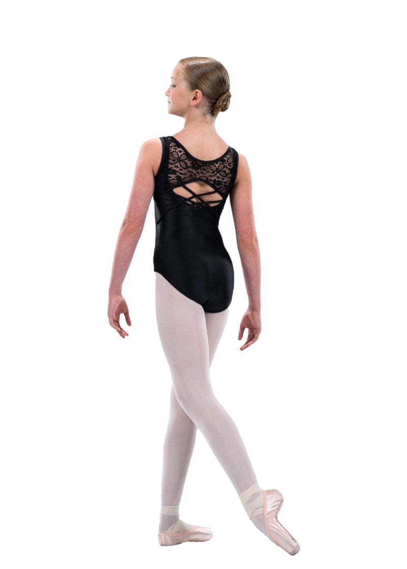 AK Dancewear Ebony tank leotard in black with lace back panel and criss-cross straps over keyhole back.