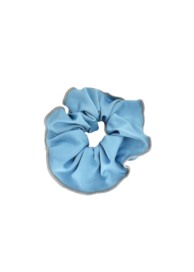 Ak Dancewear scrunchie in light blue with grey trim.