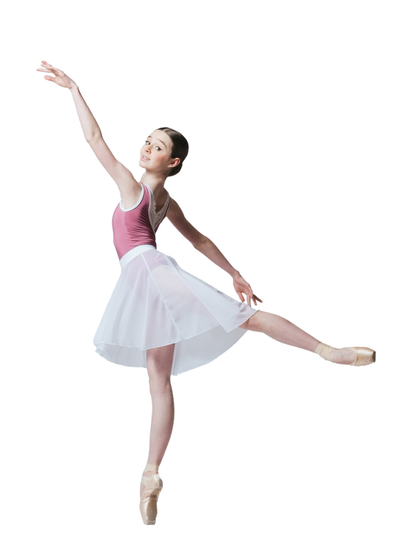 AK Dancewear Casie high-low pull-on mesh skirt in white.