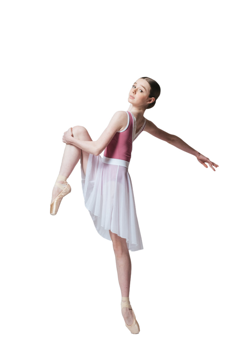 AK Dancewear Casie high-low pull-on mesh skirt in white.