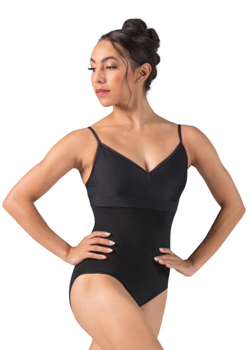 Ballet Rosa women's Akia camisole leotard in black with v-neckline and empire waist.