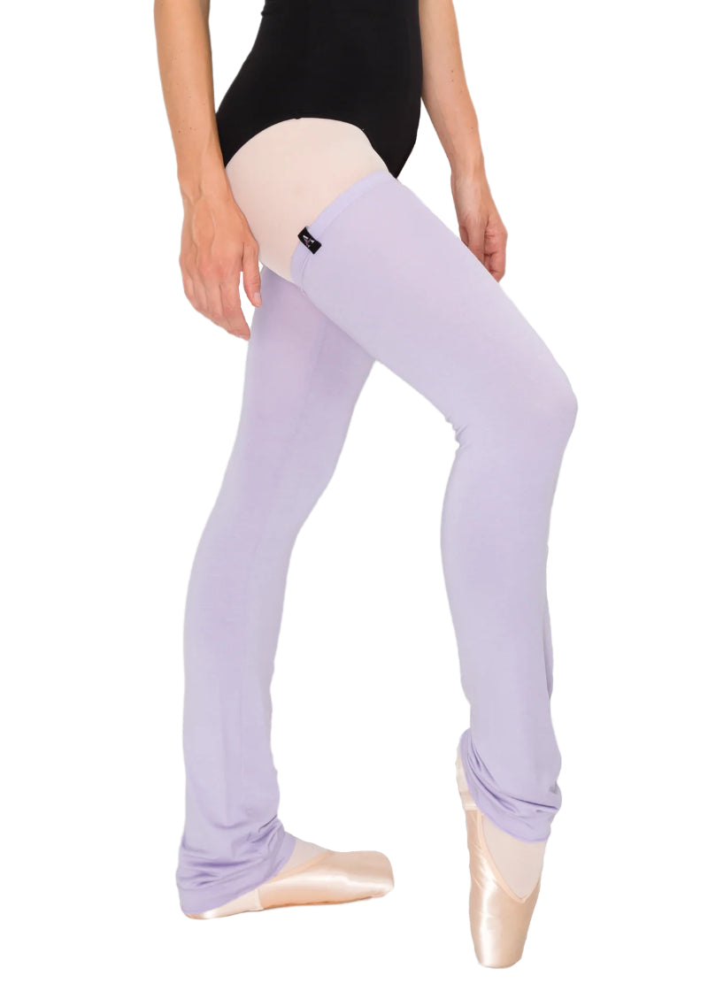 Photo of model wearing ultra soft Aluvie AL005 full-length modal legwarmers in Lilac, a light purple color