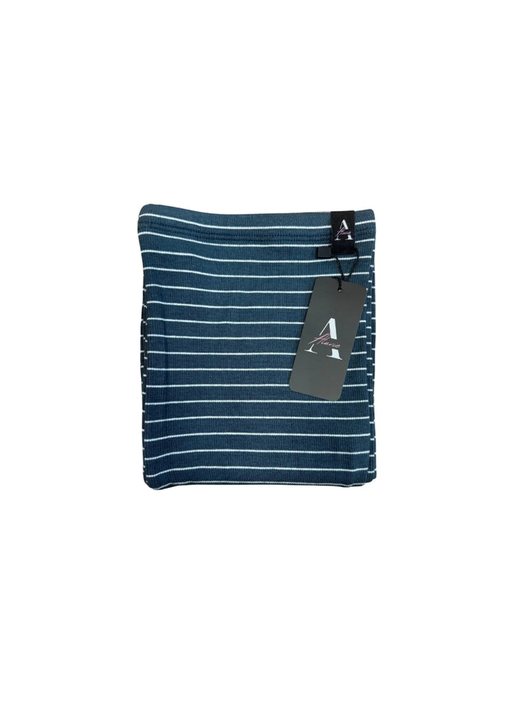 Aluvie women's Bee full-length relaxed fit legwarmers in dark teal with white stripes.