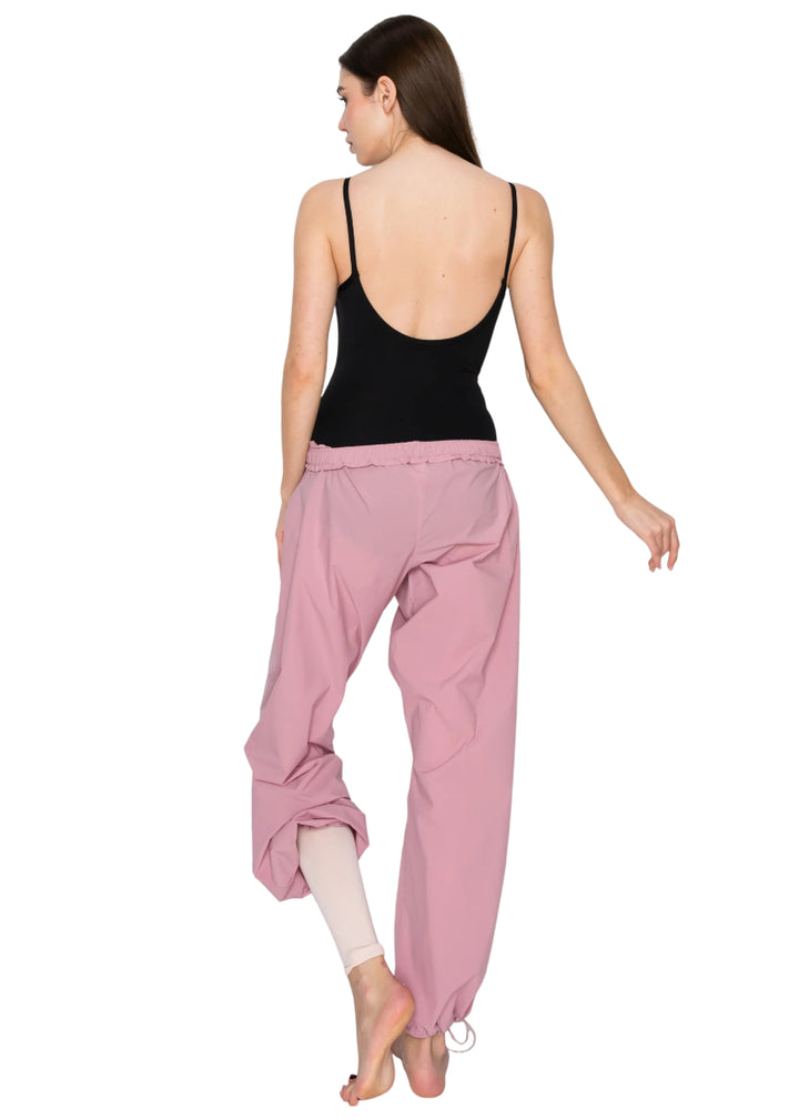 Aluvie women's Bree pants in pink with cinched waistband and drawstring hems.
