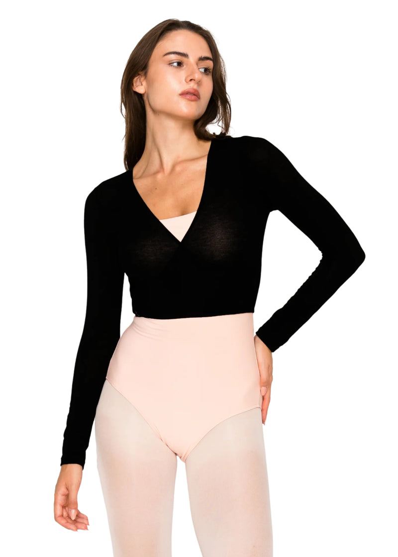 Aluvie women's Soo mock wrap long sleeve cropped top in black.