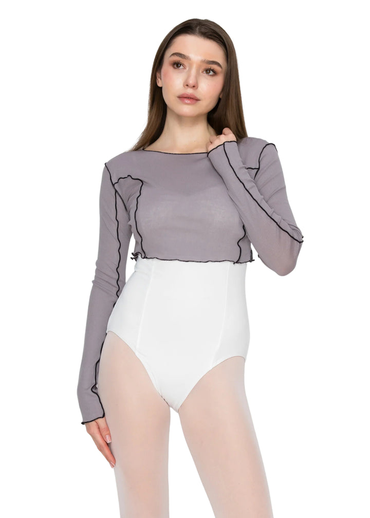Aluvie women's Rora mesh long sleeve crop top in greyish purple with black exposed seams.