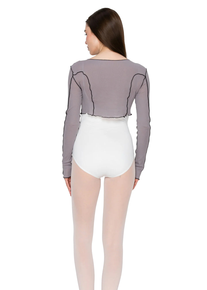 Aluvie women's Rora mesh long sleeve crop top in greyish purple with black exposed seams.