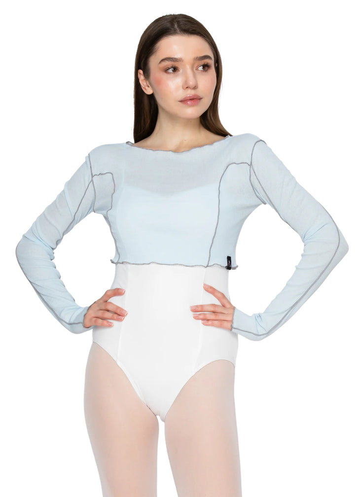 Aluvie women's Rora mesh long sleeve crop top in light blue with grey exposed seams.