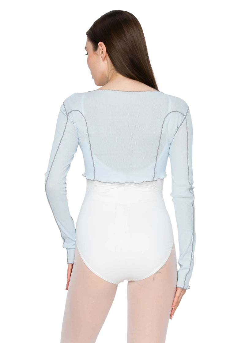 Aluvie women's Rora mesh long sleeve crop top in light blue with grey exposed seams.