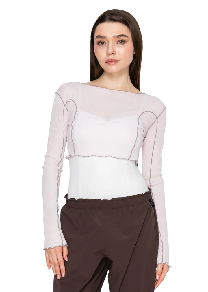Aluvie women's Rora mesh long sleeve crop top in light pink with grey exposed seams.