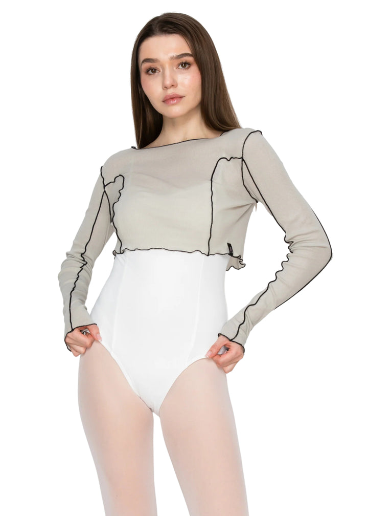 Aluvie women's Rora mesh long sleeve crop top in greenish grey with black exposed seams.