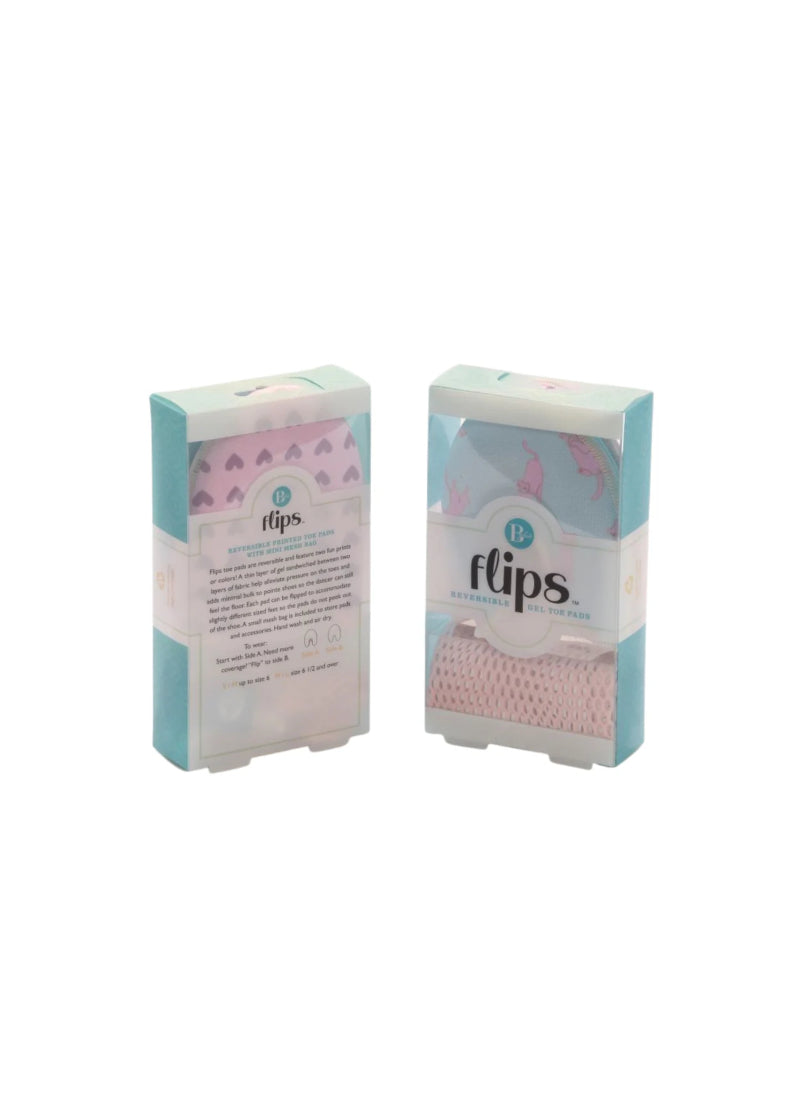 Pink and blue reversible toe pads in packaging with pink mesh drawstring bag.
