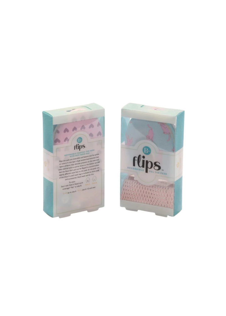 Pink and blue reversible toe pads in packaging with pink mesh drawstring bag.