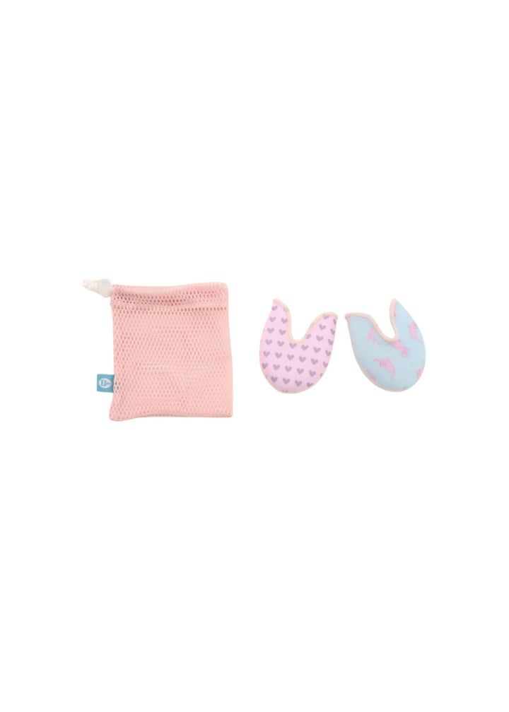 Toe pads printed with pink cats on blue background on one side and with purple hearts on pink background on the other side with pink mesh drawstring bag.