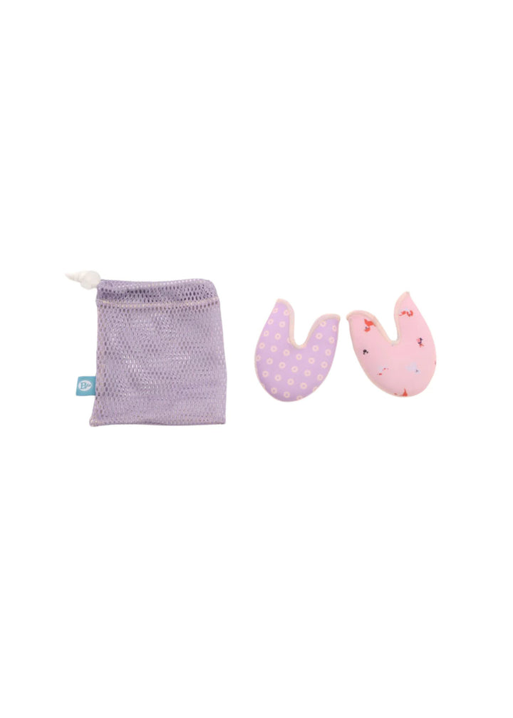 Pink and purple toe pads with dogs printed on one side and circles printed on the other side with purple mesh drawstring bag.