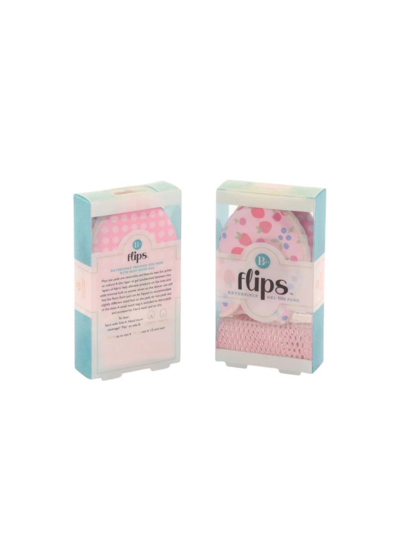 Pink reversible printed toe pads in packaging with pink drawstring bag.