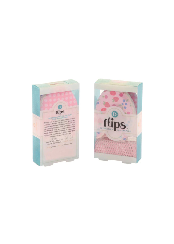 Pink reversible printed toe pads in packaging with pink drawstring bag.