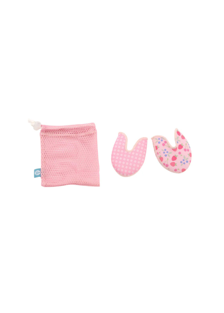 Pink toe pads printed with berries and checkered pattern and pink drawstring bag.