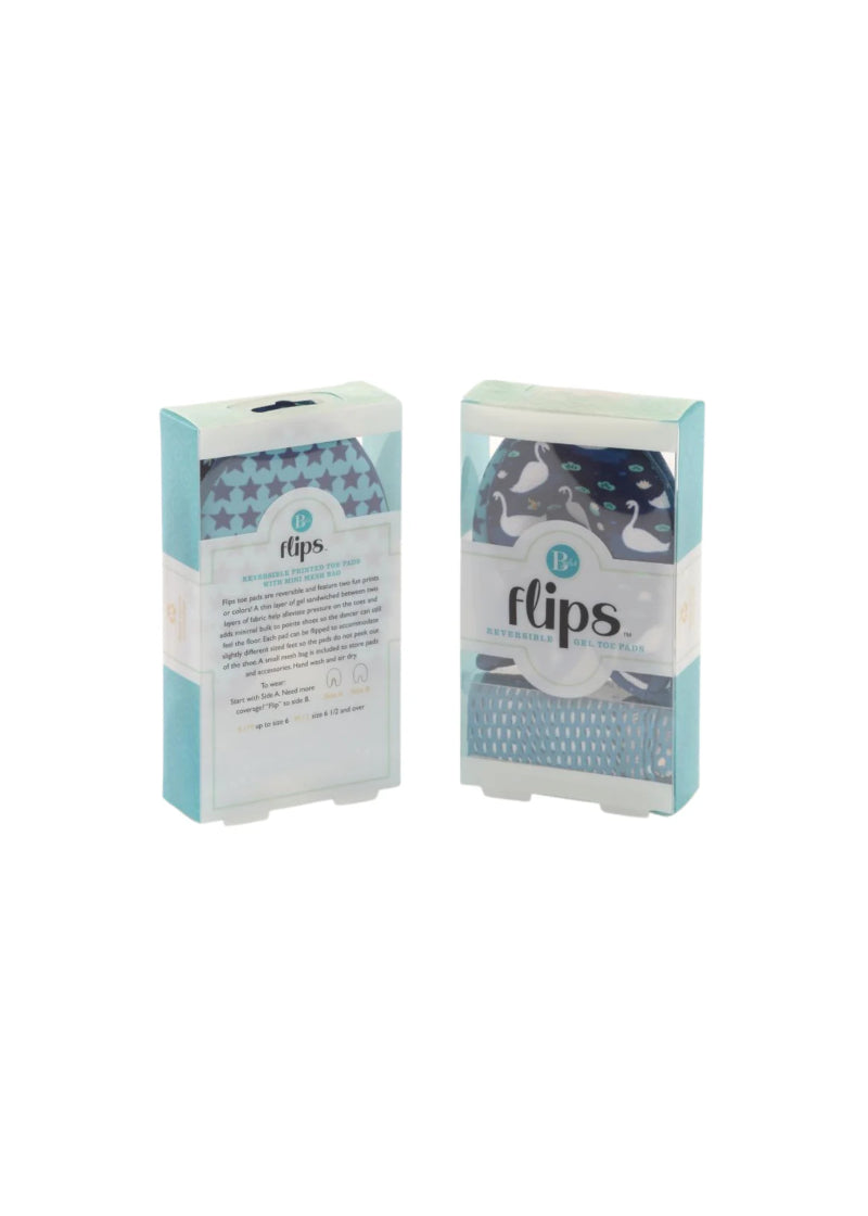 Blue reversible printed toe pads in packaging with light blue mesh drawstring bag.