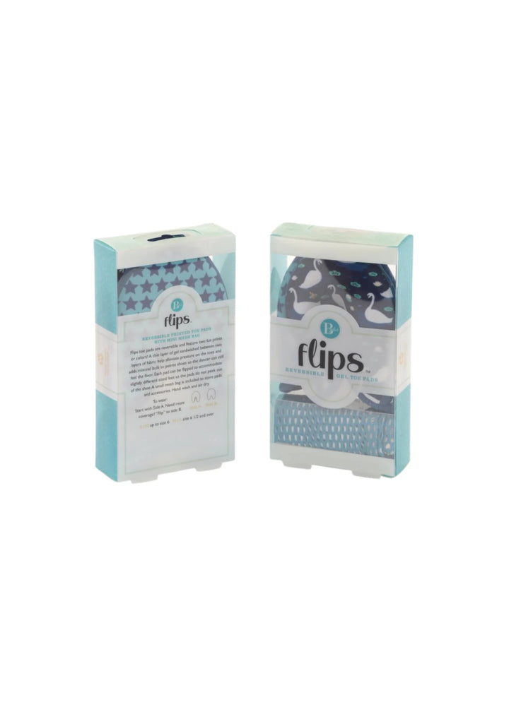 Blue reversible printed toe pads in packaging with light blue mesh drawstring bag.