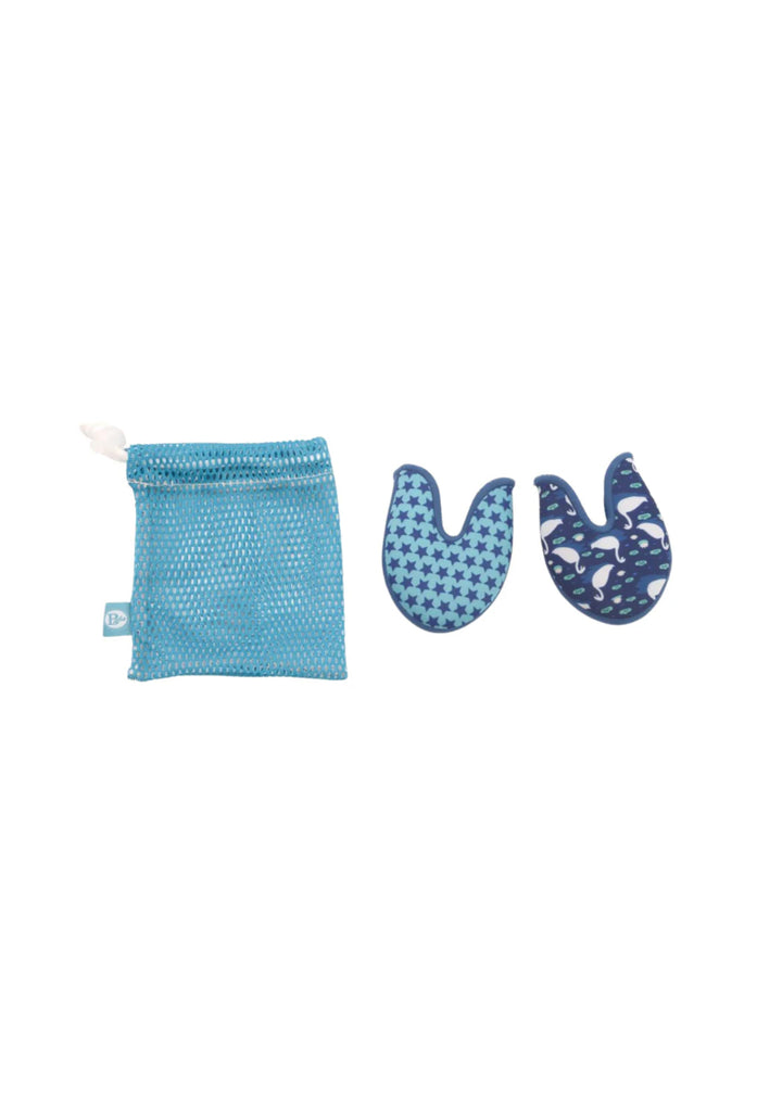 Blue toe pads printed with swans on one side and stars on the other side with ight blue mesh drawstring bag.