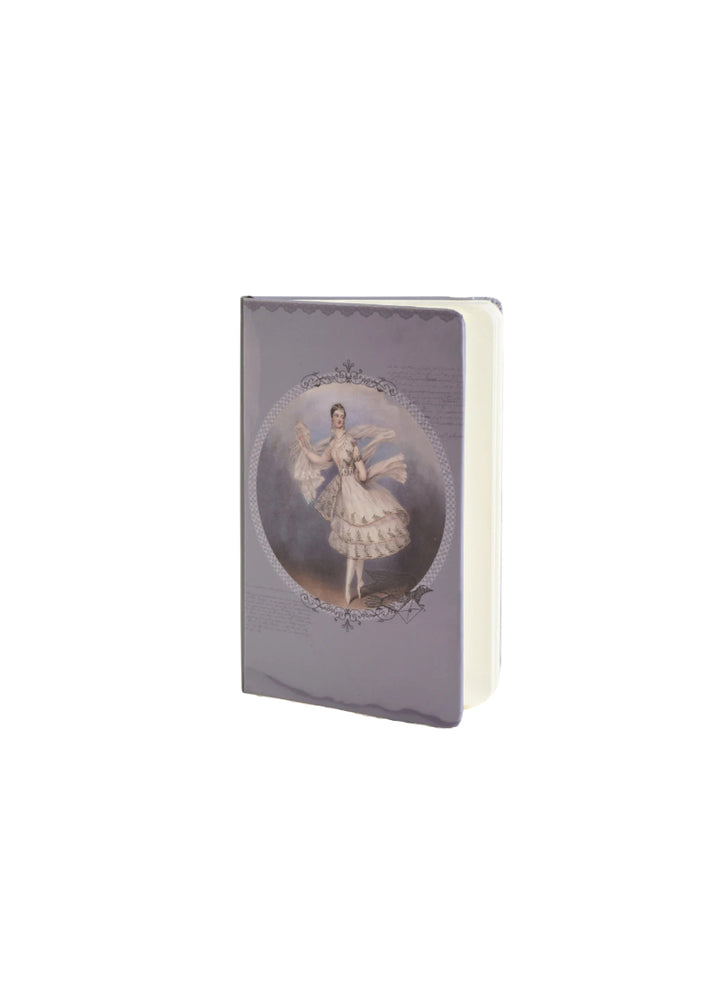 Mini dance journal in dusty purple with Marie Taglioni ballerina illustration.