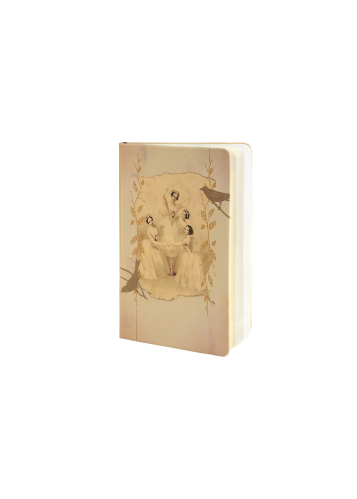 Mini yellow notebook with illustration of four ballerinas on the cover.