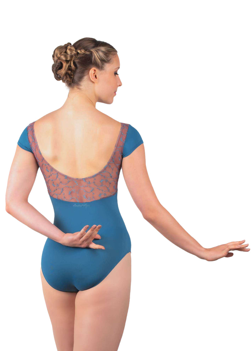 Ballet Rosa Doriane cap sleeve leotard in ink blue with purplish tan embroidered mesh scoop back.