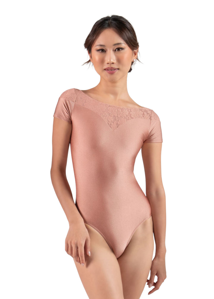 Ballet Rosa 1323LBA Women's Colette Cap Sleeve Leotard in Pearl peachy pink with lace V-neckline, modeled by a ballet dancer