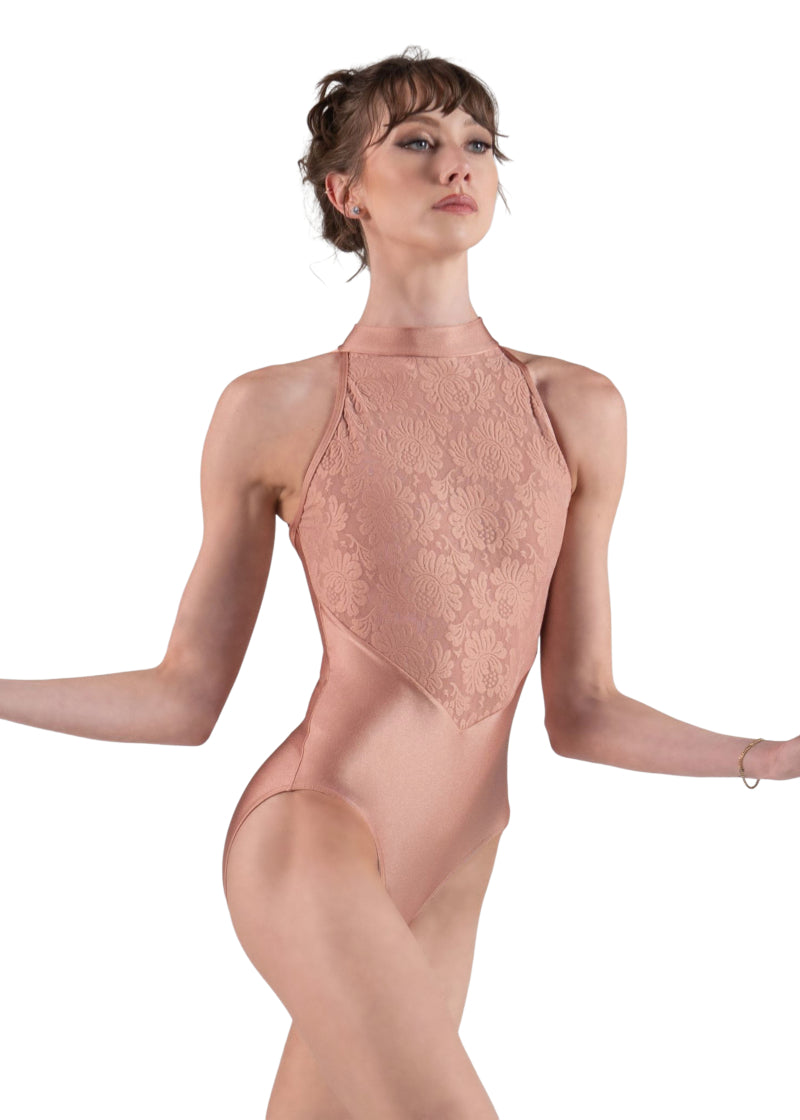 Ballet Rosa 1324LBA Women's Elara High Neck Lace Tank Leotard in Pearl peachy pink with flattering V-waistline and lace bodice overlay, modeled by a ballet dancer