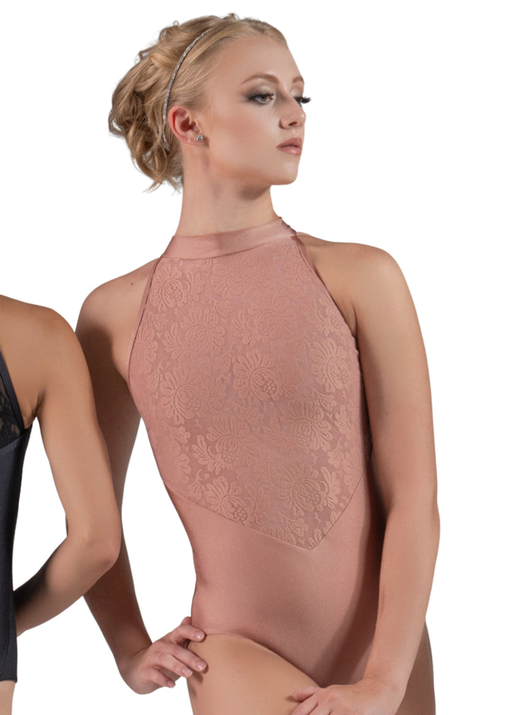 Ballet Rosa 1324LBA Women's Elara High Neck Lace Tank Leotard in Pearl peachy pink with flattering V-waistline and lace bodice overlay, modeled by a ballet dancer