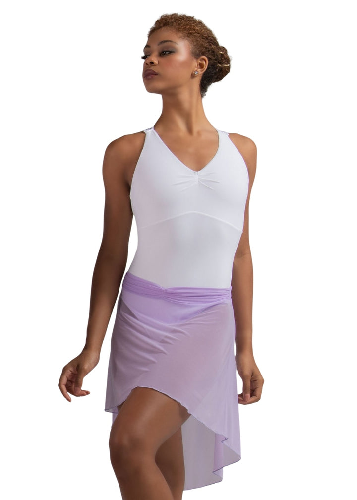 Ballet Rosa women's Millie mesh pull-on high-low skirt in light purple with gathered waistband.