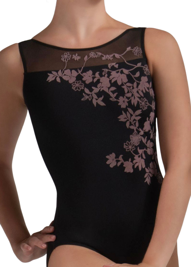 Ballet Rosa Createur Versailles Collection 1061MFA Women's Adele Floral Velour Print Scoop Neck Tank Leotard in Noir Black with Wild Rose Floral Velour Flocking and low cut pinch back, shown on a ballet dancer