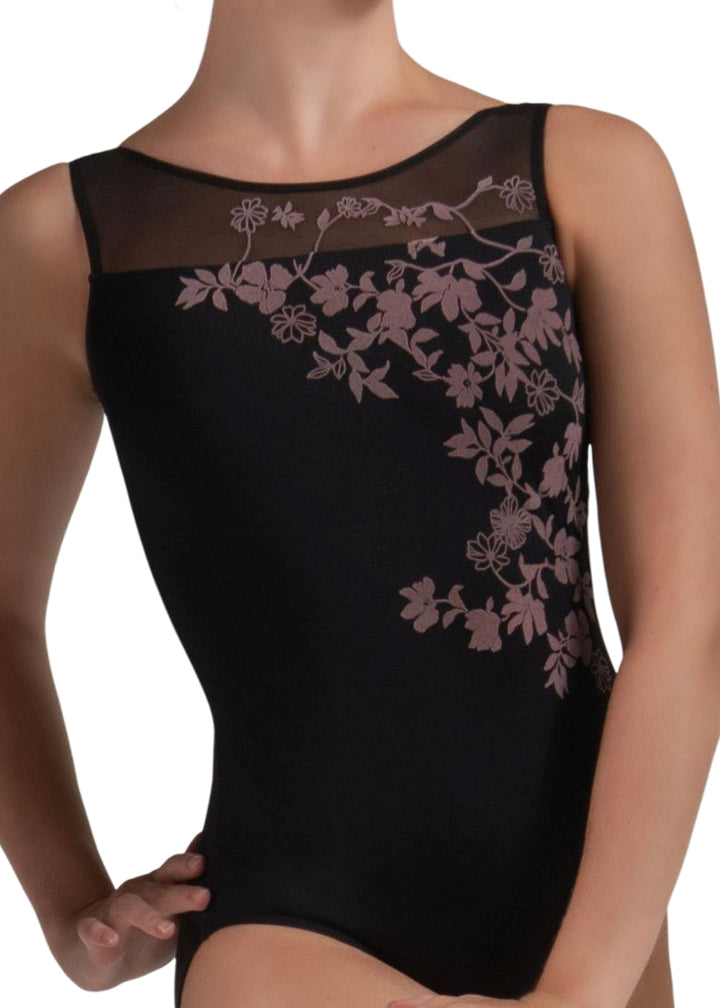 Ballet Rosa Createur Versailles Collection 1061MFA Women's Adele Floral Velour Print Scoop Neck Tank Leotard in Noir Black with Wild Rose Floral Velour Flocking and low cut pinch back, shown on a ballet dancer