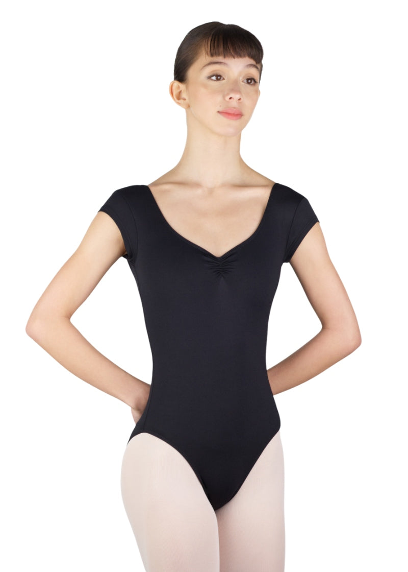 Ballet Rosa Academy Beatrice cap sleeve leotard in Noir black with sweetheart pinch front neckline