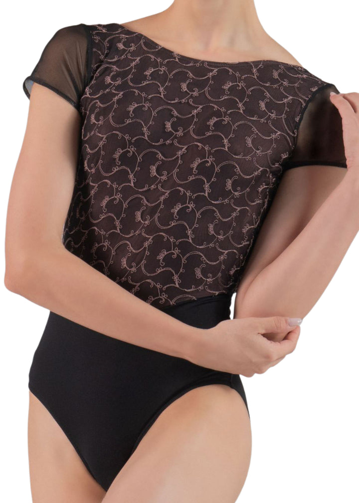 Ballet Rosa Createur Louvre Collection 1306MFA Women's Coralie Cap Sleeve Leotard in Noir Black with Wild Rose Dusty Pink embroidered mesh bodice and cap sleeves, shown on a ballet dancer