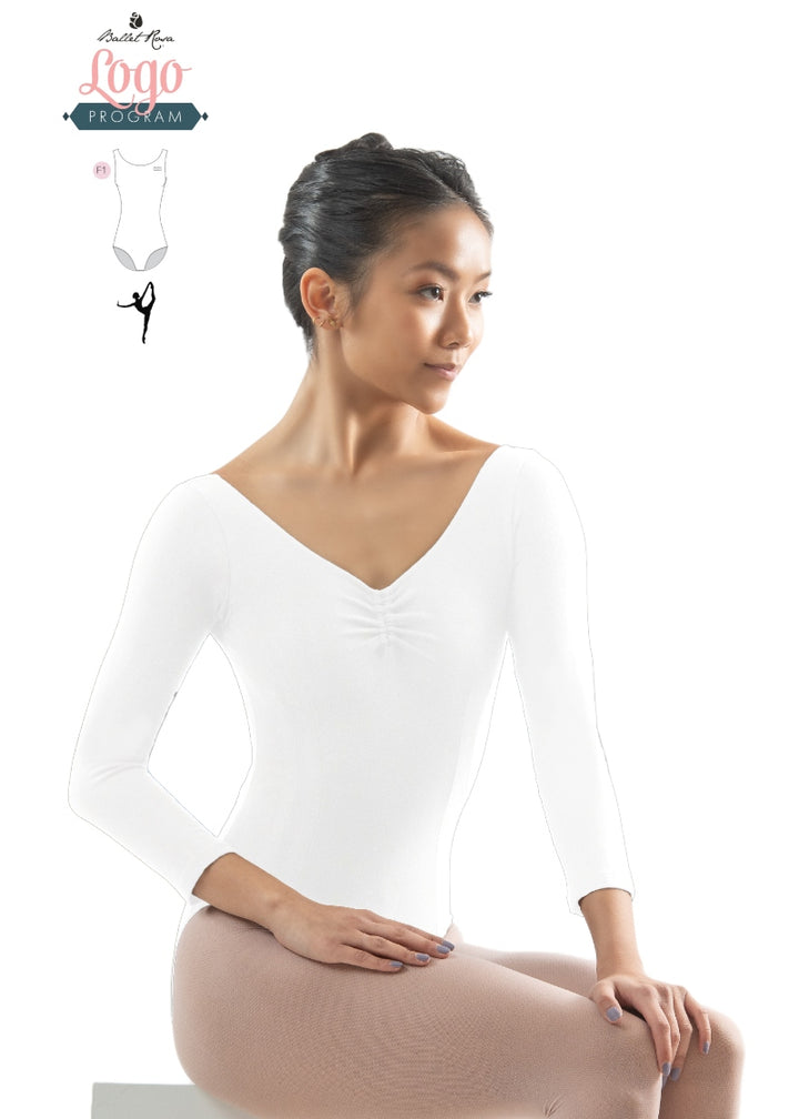 Ballet Rosa Studio Logo Program white 3/4 sleeve leotard with pinch front