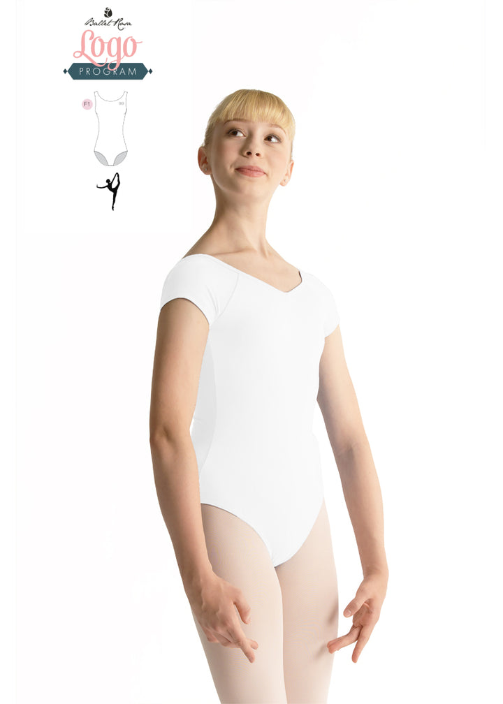 Ballet Rosa Studio Logo Program white cap sleeve leotard with v neckline